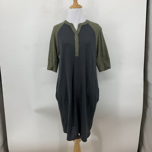 Prana Henley Raglan Dress Womens S Small Grey Cozy Up Jersey Knit Mid Sleeve - Picture 2 of 16